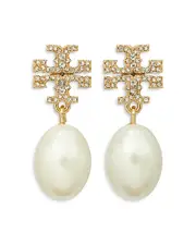 Tory Burch Kira Pave & Cultured Freshwater Pearl Drop Earrings in Gold Tone
