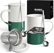 MIAMIO - Tea Cup Set 2 x 500 ml with Infuser and Lid/Ceramic Tea Mug with Infuser and Spoon for Steeping Loose Leaf Tea, Gifts for Tea Lovers - Microwave & Dishwasher Safe (Dark Green)
