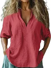 [Generic] Women Baggy Cotton Linen Tops Stylish Print Blouse for Women Plus Size Long Sleeve V Neck T Shirt Patch Pocket Tunic