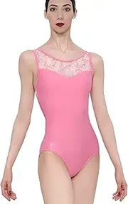 [Wearmoi] Wear Moi LEO058ROSS Women's Ballet Camisole Leotard, Double Strap, Floral Pattern, Stretch Tulle, Small Size, Rose Pink