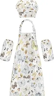 AIXIWAWA Kids Apron Chef Hat Set, Child Kitchen Bib Aprons Adjustable for Cooking Baking Painting (Butterflies Dragonflies)