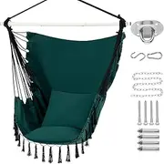 Homodoskey Hammock Chair Hanging Rope Swing Chair with 2 Seat Cushions & Installation Kit, Max 330 Lbs,Hammock Swing Hanging Chair for Bedroom Outside shanging Yard Patio Camping Garden (Green)
