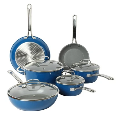 10 Piece Blue Cookware Set Nonstick Pots Pans Induction Oven Safe Kitchen Ess...