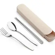Set: Stainless Steel Cutlery Wheat Box + Chopstick + Spoon + Fork - One Size