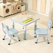 Kids Table and 2 Chairs Set, 23.6''L x 23.6''W Toddler Table and Chairs, Height Adjustable Kids Study Table for Ages 2-10, Graffiti Desktop Children Activity Table with Anti-Slip Foot Covers