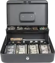 Large Cash Box with Money Tray and Lock, Metal Money Box for Cash, Lockbox 11.8