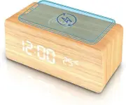 Wooden Alarm Clock with Wireless Charging Pad LED Digital Clock with Large Date