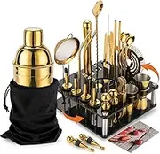KINGROW Mixology Cocktail Shaker Set - Complete 29-Piece Bartender Kit and Bar Tools with Acrylic Rotating Stand, Professional Bar Set for Drink Mixing, Home, Bar, Party (Gold)