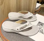 [DZXYQ] Summer Women's Slippers Metal Button Slides Large Size T-Bar Slippers Taux Leather Slip on Flip Flops Light Mid Heel Wedge Beach Outside Leisure Flip Flops