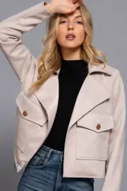 Active USA Taupe LS Notched Collar Pocket Detail Open Front Faux Suede Jacket