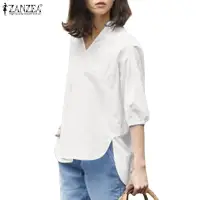 在飛比找蝦皮商城優惠-Zanzea 女式韓版日常 V 領半袖燈籠袖襯衫