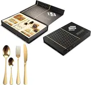 ACA Trading Gold Cutlery Set 24 Piece Food Grade 304 Stainless Steel Utensils Set, Mirror Polished Tableware Flatware Set Forks Knives Spoon Tea Spoon for Home & Restaurant, Dishwasher Safe (Gold)