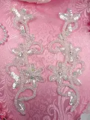 0396 Crystal AB Sequin AB Beaded Edge Appliques Mirror Pair 7" Set Floral