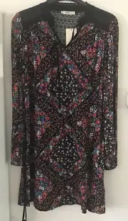 Oasis Black & Red Geometric Floral Lace Long Sleeve Boho Mini Shift Dress XS