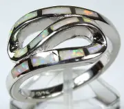 High Quality White Fire Opal Inlay 925 Sterling Silver Ladies Ring size 6,7,8,9