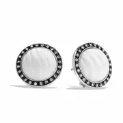 DAVID YURMAN Sterling Silver Carved Cable Button Earrings White Agate & Diamonds