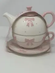 Pink Bow Coquette Teapot, Cup, & Saucer Set Of 3, NWT tea for 1 coffee bar decor