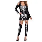 Rhafayre Adult Womens 3d Skeleton Halloween Costume Cosplay Cold Shoulder Dress + Stockings Party Outfits black/white L