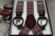 SUSPENDER MEN RED BLACK GREY ELASTIC & GENUINE LEATHER WEDDING CLIP & BUTTON T27