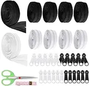 Glarks 62pcs #5 Black and White Nylon Coil Zipper Tape Set Includes 10pcs 3Yards Sewing Zipper Rolls, 40pcs Metal Zipper Sliders, 10pcs Double Zipper Sliders, 1pcs Soft Ruler and 1pcs Scissors