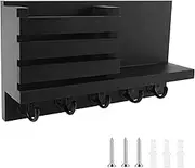 FwQoFvk Wood Key Holder, High Load Bearing Capacity Wall Mail Organizer with 5 Hook, Easy to Access Storage Shelf Space Saving for Home(black)