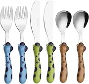 Exzact Children's Cutlery Stainless Steel 6pcs Set/Kids Cutlery/Toddler Utensils/Flatware - 2 x Forks, 2 x Safe Dinner Knives, 2 x Dinner Spoons (Giraffe x 6)