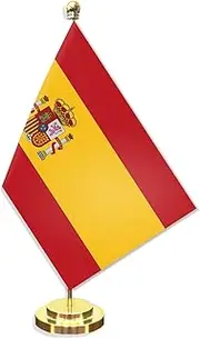 Spain Desk Small Flag Set,5×8 Inch Mini Spanish Desktop Banner,12" Metal Solid Pole Decor,Tiny Digital Printed Polyester Banner With Golden Base