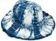 [DYEWEAVE] Hand-Dyed Bucket Hat with Fringe, Blue White Interlaced Design, Canvas Fisherman Hat for Outdoor/Beach/Girls