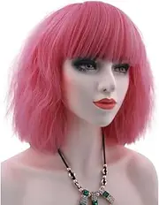 eNilecor Short Fluffy Bob Kinky Straight Hair Wigs with Bangs Synthetic Heat Resistant Women Fashion Hairstyles Custom Cosplay Party Wigs + Wig Cap (Pink)