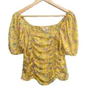 Rose + Olive womens Peasant Top Small Yellow Floral Short Sleeve Smocked Blouse
