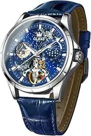 [OLEVS] Mens Automatic Watches Blue Starry Sky Skeleton Tourbillon Self Winding Mechanical Luminous Luxury Dress Wrist Watch Gifts