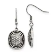 Stainless Steel Chisel Antiqued And Polished With Cz Dangle Shepherd Hook Earrings
