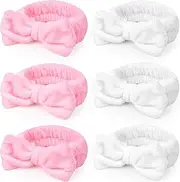 Shindel Spa Headband, Makeup Bow Headband for Washing Face, Teen Girls Fuzzy Skin Care, Shower, 6 Pack Cute for Slumber Party (White and Pink)
