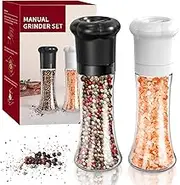 CIRCLE JOY Manual Salt and Pepper Grinder Set for Professional Chef, Refillable Salt and Pepper Shakers with Ceramic Blades, Adjustable Coarseness and BPA-Free 180ml Glass Container, Tall Black White