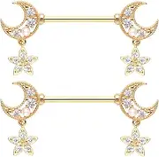 [Pierced Owl] 14GA Stainless Steel CZ Crystal Crescent Moon Ends with Dangling Stars Nipple Barbells, Sold as a Pair