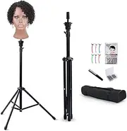 Reinforced Wig Stand Tripod Mannequin Head Stand, Adjustable Wig Head Stand Holder for Cosmetology Hairdressing Training with T-with Wig Caps, T-Pins, Comb, Hair Clip, Carrying Bag