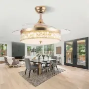 36" Retractable Ceiling Fan Crystal Chandelier Remote 3-Color LED Light 3-Speed