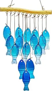 23" Blue Glass Sea Wind Chimes - Handcrafted Fish Wind Chimes for Outside, Beach Party & Wedding Decor