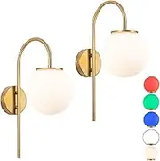 Battery Operated Wall sconces Set of Two,White Glass Round lampshadeWireless Wall Lights fixtures with Remote Control,6 RGB Color dimmable,(with Bulbs+Remote Control+Charging Cable)