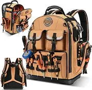 Tool Backpack and Tool Bag, Heavy Duty with 89 Pockets & Loops, Laptop Compartment, Combination Lock & Molded Waterproof Base – Ideal for Electricians, HVAC, Maintenance & Construction Pros(Brown)