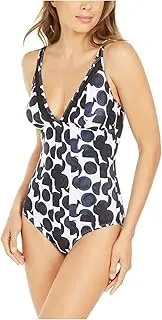 [DKNY] D K N Y Printed Mesh-Trim One-Piece Swimsuit, Navy Multi Dot 16, Navy,white, 20