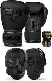 EVO Fitness Matte Boxing Pads and Gloves Set Target Focus Pads Mitts and Boxing Gloves Hook and Jab Training Sparring MMA Martial Arts Muay Thai Kickboxing Karate