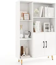 Giantex Bookcase with Double Doors, 119 cm Floor Bookshelf w/ 5 Open Compartments & Storage Cabinet, Modern Display Cabinet w/Metal Legs, Storage Organizer for Living Room, Study, Kitchen