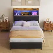 Advwin Bed Frame Double Size with Charging Station & LED Storage Bookcase