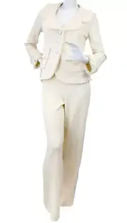 NWT ST. JOHN Tweed Knit Two Pieces Jacket Pant Suit 4 Vanilla Bow Fringe Santana