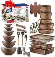 Bakken Master 38 Piece Granite Cookware and Bakeware Set – Nonstick Granite Coating, Pots and Pans with Detachable Handles and Tempered Glass Lids, 6-Piece Bakeware Set, 12-Piece Mixing Bowls,Brown