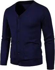 [Gsywaipei] Men's Casual Fit Knitted Cardigan Buttons Up Male Knits Sweater with Pockets Winter V Neck Knit Sweaters Coat, Navy Blue, 3X-Large