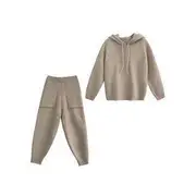 Set: Plain Hoodie + High Rise Harem Sweatpants Set Of 2 - Hoodie & Sweatpants - Khaki - S