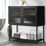 Oikiture Storage Cabinet Bathroom Toilet Cupboard Tempered Glass Door Black