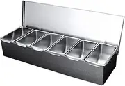 6 Compartment Trays, Stainless Steel Detachable Topping Station with lid Pizza Ingredients Condiment Dispenser Reusable Ice Cooled Condiment Seasoning Container